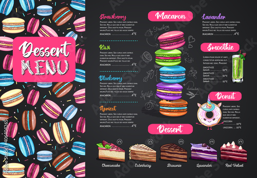 Chalk drawing dessert menu design with sweet french macaroons and cakes