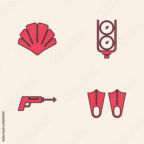 Set Rubber flippers, Scallop sea shell, Gauge scale and Fishing harpoon icon. Vector.