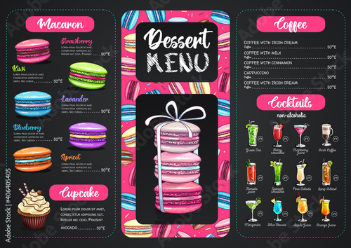 Chalk drawing dessert menu design with sweet french macaroons and cocktails