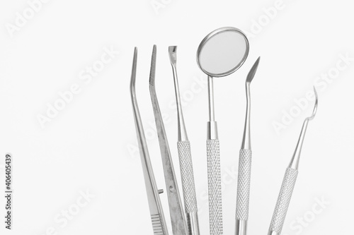 set metal medical equipment tools on white
