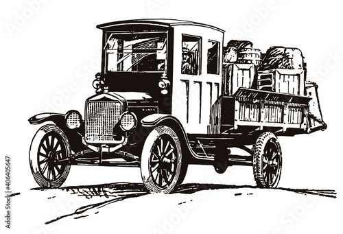 Antique truck transporting cargo, in three-quarter view after engraving from early 20c.