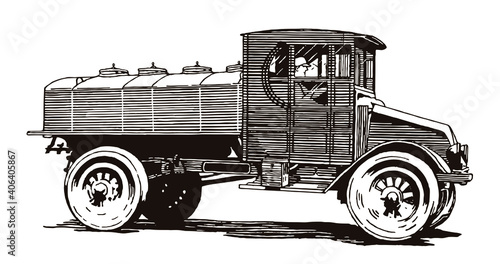 Man from early 20th century driving vintage oil tank truck