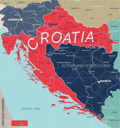 Croatia country detailed editable map with regions cities and towns, roads and railways, geographic sites. Vector EPS-10 file