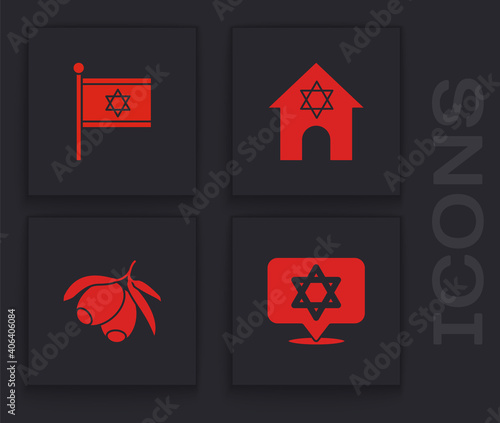Set Star of David, Flag Israel, Jewish synagogue and Olives branch icon. Vector.