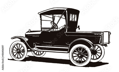 Antique light delivery runabout pickup truck in three-quarter back view., after engraving from early 20th century