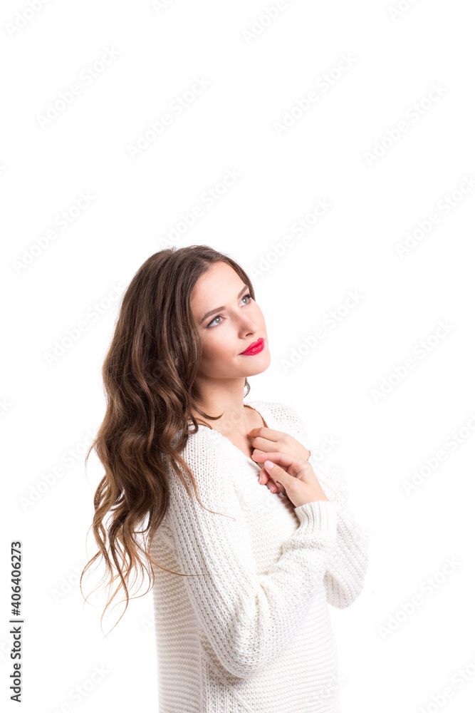 Beautiful smiling woman in a white sweater. Beautiful smiling woman in a white sweater.