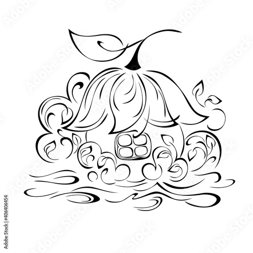 cartoon 7. cute fairy house with a small garden, with one window and a roof in the form of an inverted flower