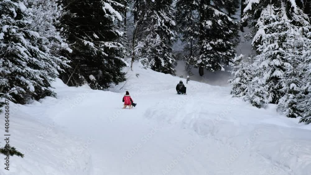 Toboggan riders go down the toboggan run in the winter landscape. Toboggan riders go down the toboggan run in the winter landscape.