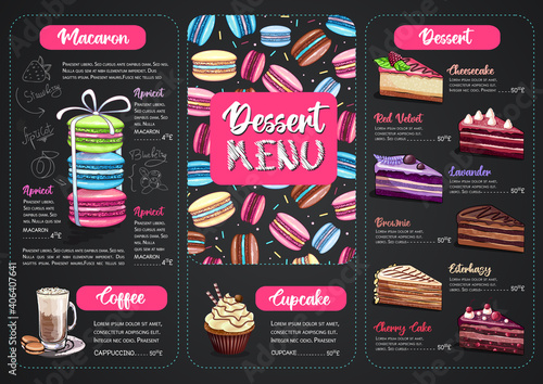 Chalk drawing dessert menu design with sweet french macaroons and cakes