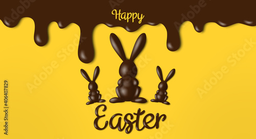 happy easter banner greeting card design with 3d chocolate rabbit figures and melted brown icing on yellow background