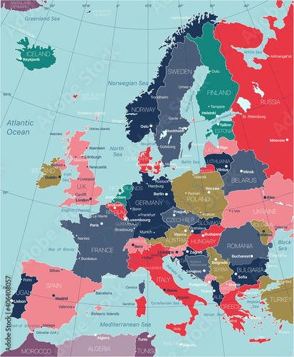 Europe detailed editable map with regions cities and towns, roads and railways. Vector EPS-10 file