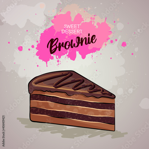 Sweet brownie cake on artistic watercolor background. Dessert menu photo