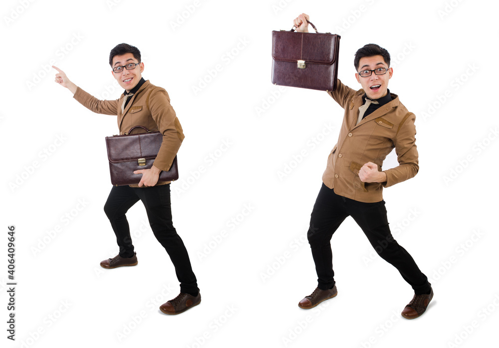 Young man with brown briefcase isolated on white Young man with brown briefcase isolated on white
