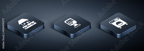 Set Isometric Water supply pipes, Washer and Pressure water meter icon. Vector.