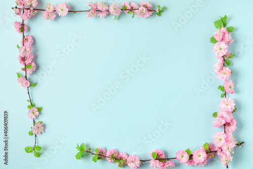 Frame made of spring pink cherry blossom branches on blue background. Flat lay. Top view. Holiday or wedding layout
