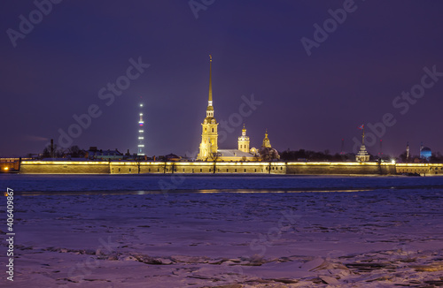 Shadows of St. Petersburg. Christmas holiday night in New Year's lights.