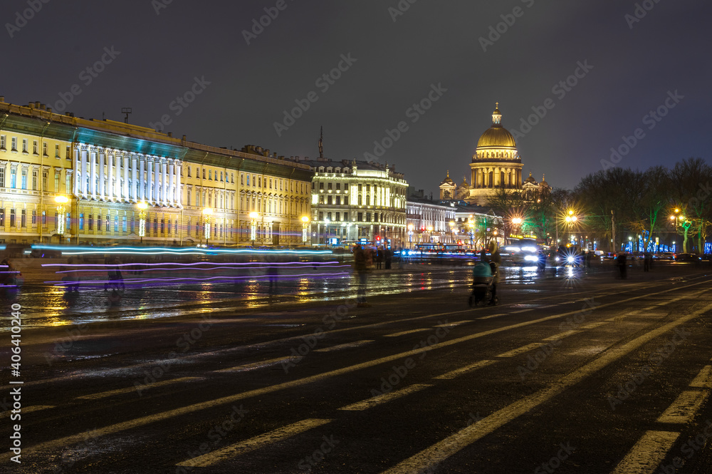 Shadows of St. Petersburg. Christmas holiday night in New Year's lights.
