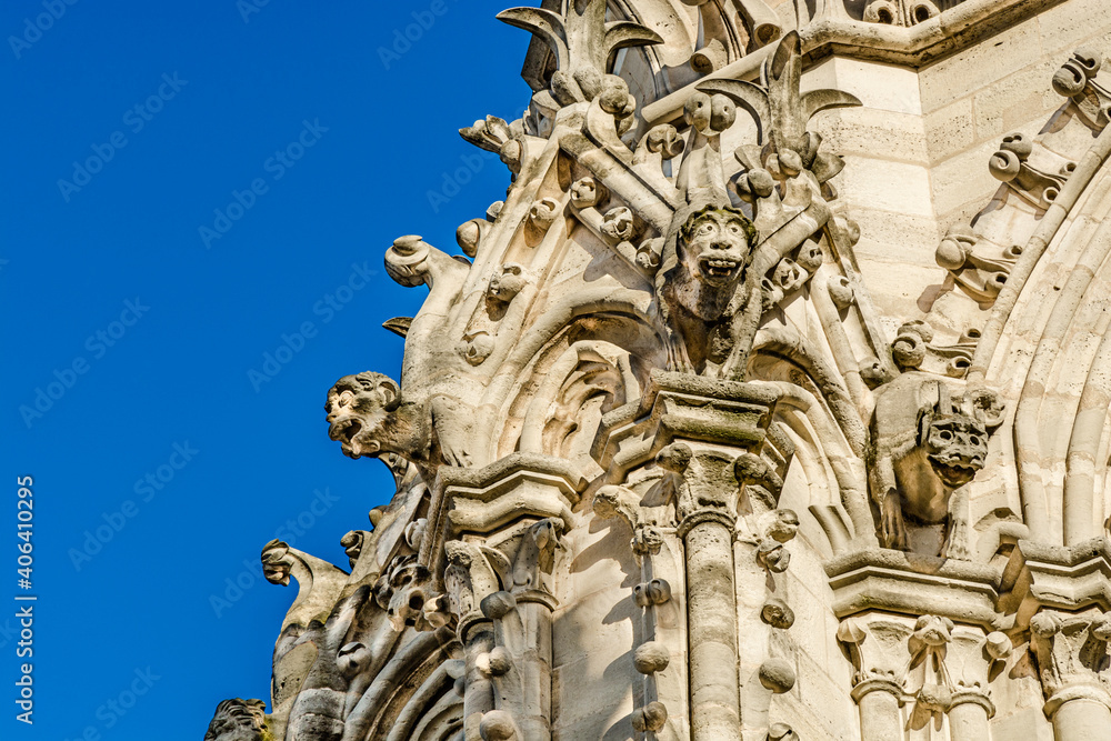 Gargoyle statues on the walls of Notre Dame Cathedral in Paris
