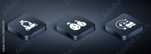 Set Isometric Cleaning lady service, Washing dishes and Garbage bag icon. Vector.