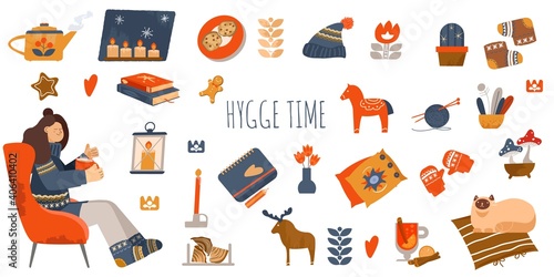 Interior elements. Hygge concept design. Christmas greeting stickers. Nordic, Scandinavian things. Stay home