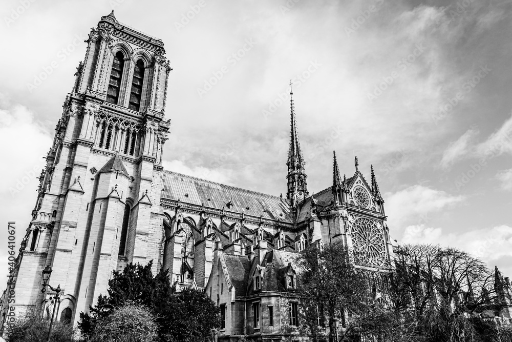 The cathedral of Notre Dame de Paris during the winter season surrounded by empty tree branches. Cathedtal of Our Lady in Paris, France. The cathedral of Notre Dame de Paris during the winter season surrounded by empty tree branches. Cathedtal of Our Lady in Paris, France.