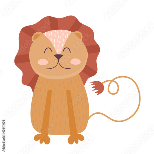 Scandinavian hugge cute animals, lion with mane and tail isolated on white background. Vector illustration in simple Scandinavian style for kids, hand drawn organic free flat style in pastel colors
