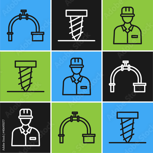 Set line Industry pipe and valve, Oilman and Rotating drill digging a hole icon. Vector.