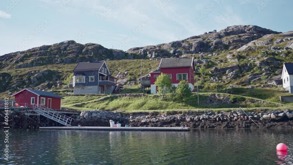 Local Houses On Riverbank Under The Summer Weather In Norway - View From A Moving Boat. - wide shot