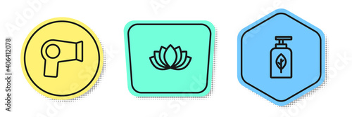 Set line Hair dryer, Lotus flower and Essential oil bottle. Colored shapes. Vector.