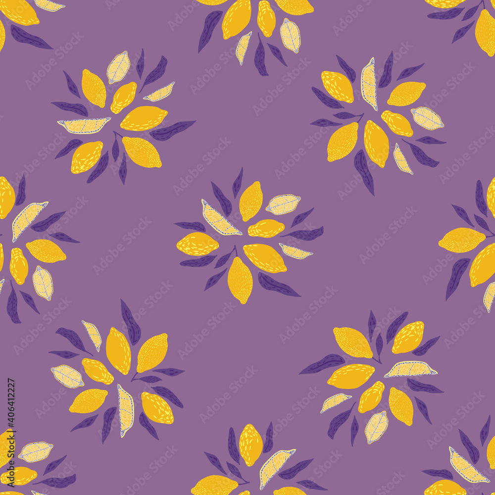 Yellow lemon seamless pattern in hand drawn style. Pastel purple background. Organic food print.