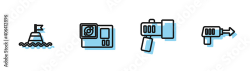 Set line Flashlight, Floating buoy on the sea, Action camera and Fishing harpoon icon. Vector.