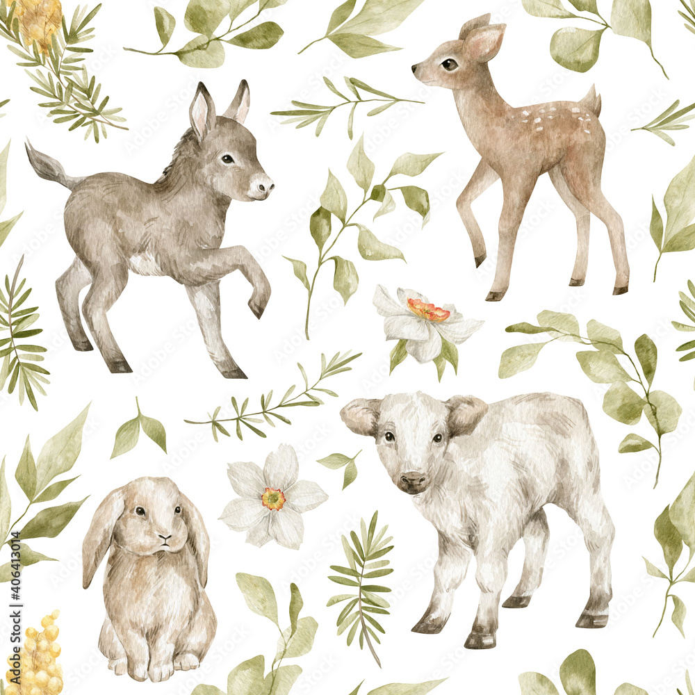 Watercolor seamless pattern with cute farm animals, leaves, flowers ...