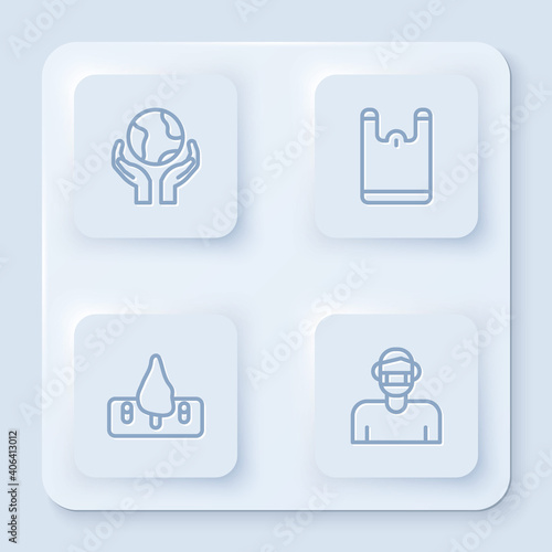 Set line Hands holding Earth globe, Plastic bag, Deforestation and Face protective mask. White square button. Vector.