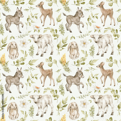 Fototapeta Naklejka Na Ścianę i Meble -  Watercolor seamless pattern with cute farm animals, leaves, flowers. Baby cow, deer, rabbit, donkey, eucalyptus, branch. Domestic animals and nature. 