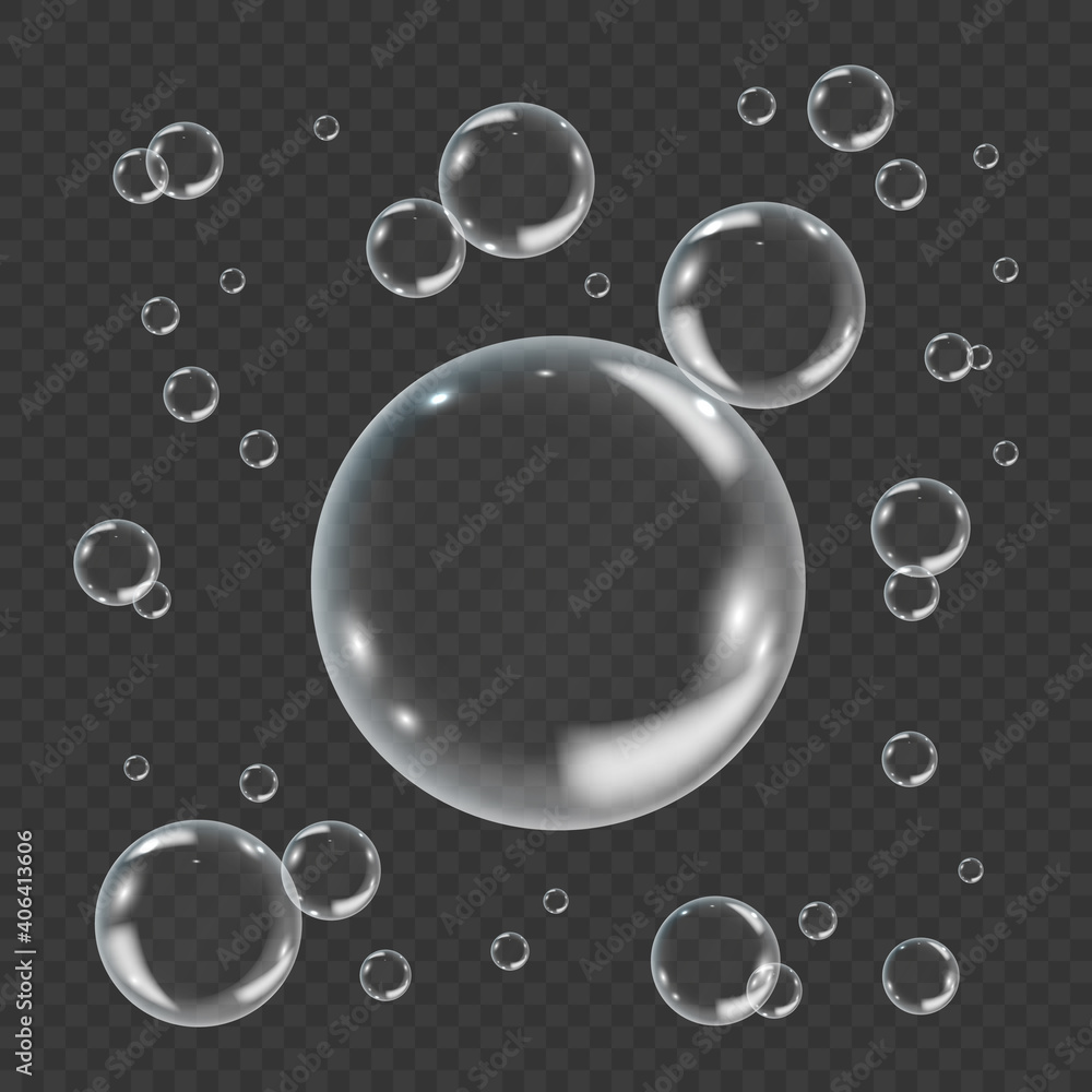 White underwater bubble isolated on transparent background. Realistic vector illustration of air or soap water bubbles with reflections. Concept of ecology protection , save planet or environment care
