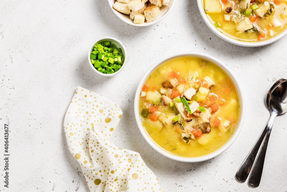 Instant pot split pea soup with smoked turkey. Space for text, top view. Instant pot split pea soup with smoked turkey. Space for text, top view.