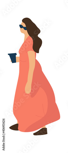 Trendy woman. Cartoon female wearing long dress and sunglasses. Isolated cute person walking alone with cup of coffee. Summer casual outfit for city or resort. Vector minimalist flat illustration