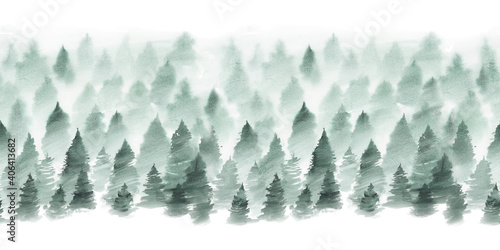 Watercolor nountain landascape seamless pattern. Travel illustration with scandinavian nature. Green mountains and forest