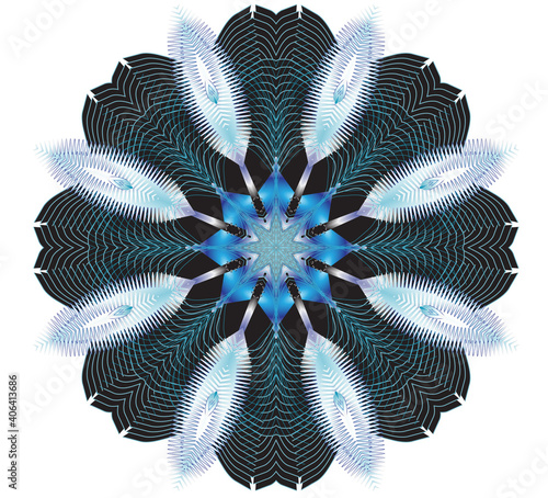 indian mandala with feathers and blue beads inside on white background 