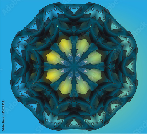 patterned mandala with yellow inner base on a blue background