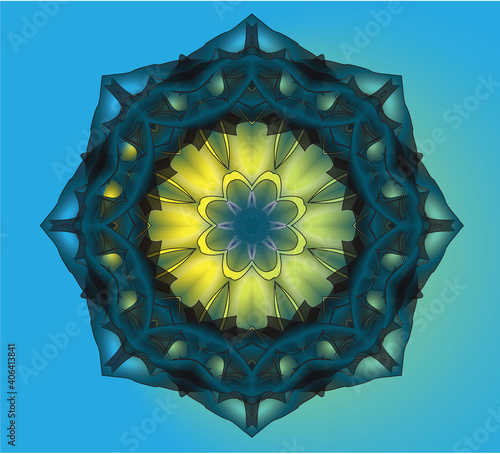 patterned mandala with yellow inner base on a blue background