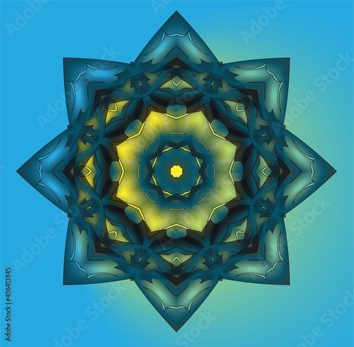 patterned mandala with yellow inner base on a blue background