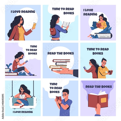 People reading books. Cartoon young men and women enjoying of imaginative literature. Collection of cute posters with happy readers. Human educational activity or leisure pastime, vector flat set