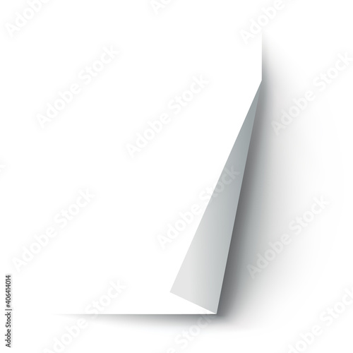 Curled paper corner. Curve page corner, page edge curl and bent paper sheet with realistic shadow. Paper corner fold isolated on white background