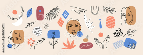 Abstract face art. Contemporary line flowers, women faces and minimalist nature elements collection. Contour female portraits. Colorful shapes and lines for decor vector modern painting and textures