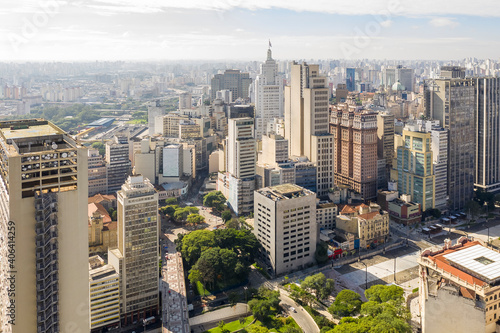 Historic buildings in the Anhangabau Valley in downtown São Paulo seen from above, Brazil