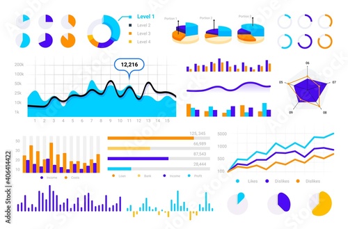 Statistic graph. Graphic bars, round infographic pie charts, circle comparison diagrams, finance business presentation elements. Analytical information visualization kit. Presentation vector set