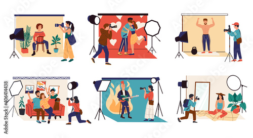 Studio photographer. Cartoon character with camera shooting couple, family and celebrity. Isolated fashion models posing. Men and women taking pictures with professional light equipment, vector set