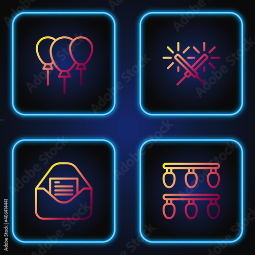 Set line Christmas lights, party invitation card, Balloons with ribbon and Sparkler firework. Gradient color icons. Vector.