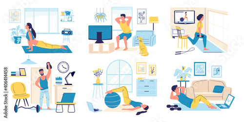 Home exercises. Cartoon men and women doing indoor sport activity. People watch video instructions. Cute scenes of training young persons. Workout for weight loss and muscle gain, vector isolated set